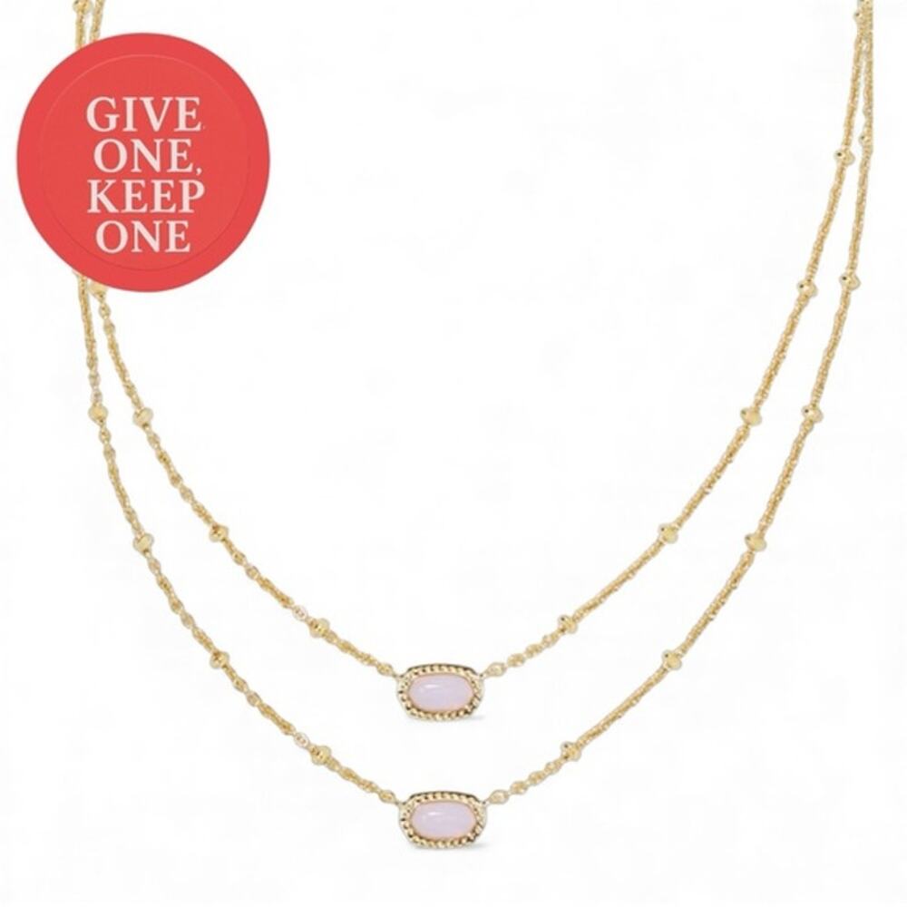 Kendra Scott Mini Elisa Necklace Duo (2) Gold & Pink Opalite NIB Boxes + Pouches